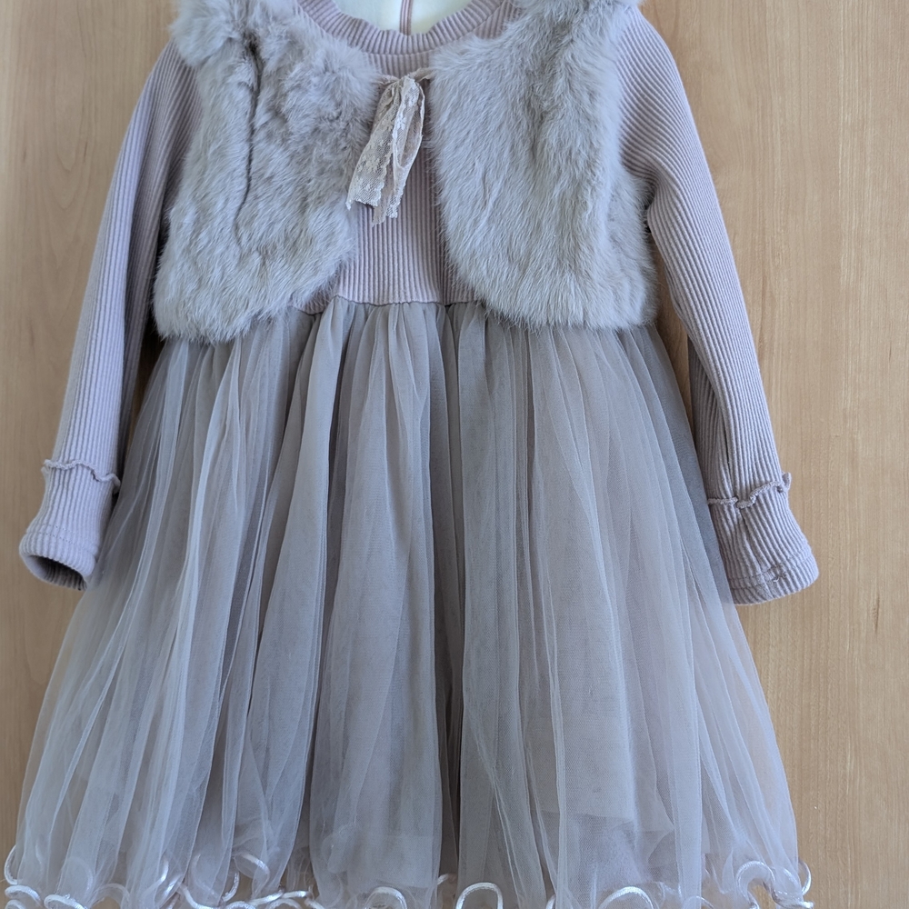 Baby Pink Tulle Dress with Faux Fur Vest